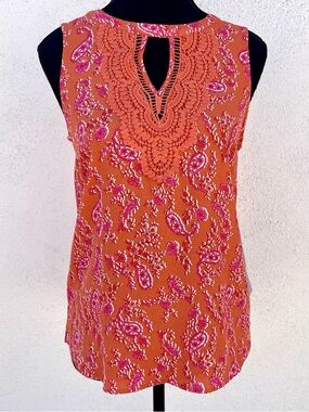 NEW Daniel Rainn Orange Paisley Crochet Sleeveless Blouse XS